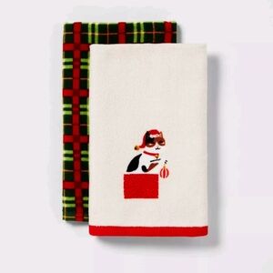 NEW - 100% Cotton Kitchen Towels Holiday Set of 2 - Christmas Cat Green Plaid